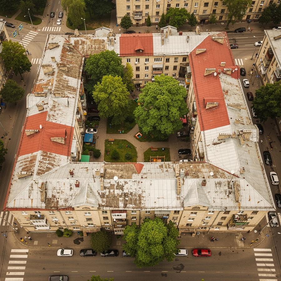 Aerial view of Pechersk apartment blocks and courtyards in Kyiv