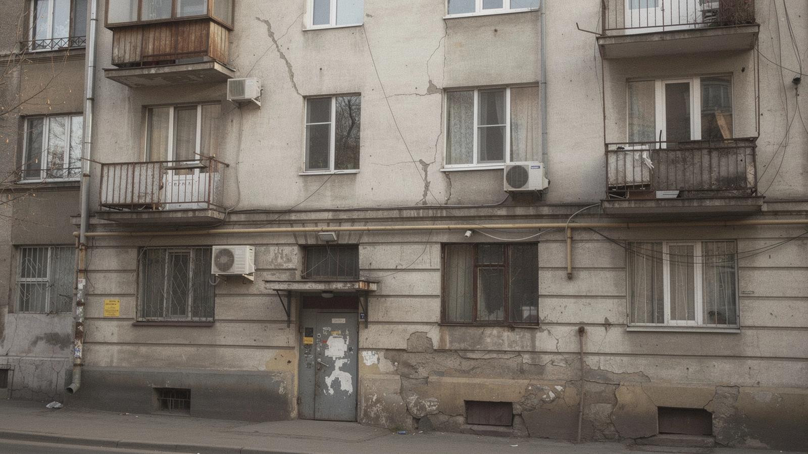 Street-level view of a mid-century apartment building facade in Pechersk, Kyiv